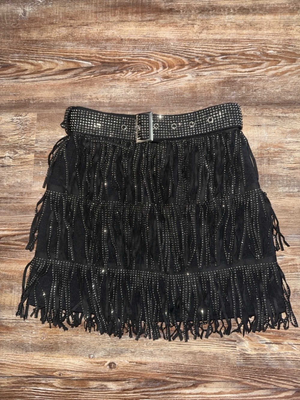 Lucky & Blessed Black Studded Fringe Mini Skirt